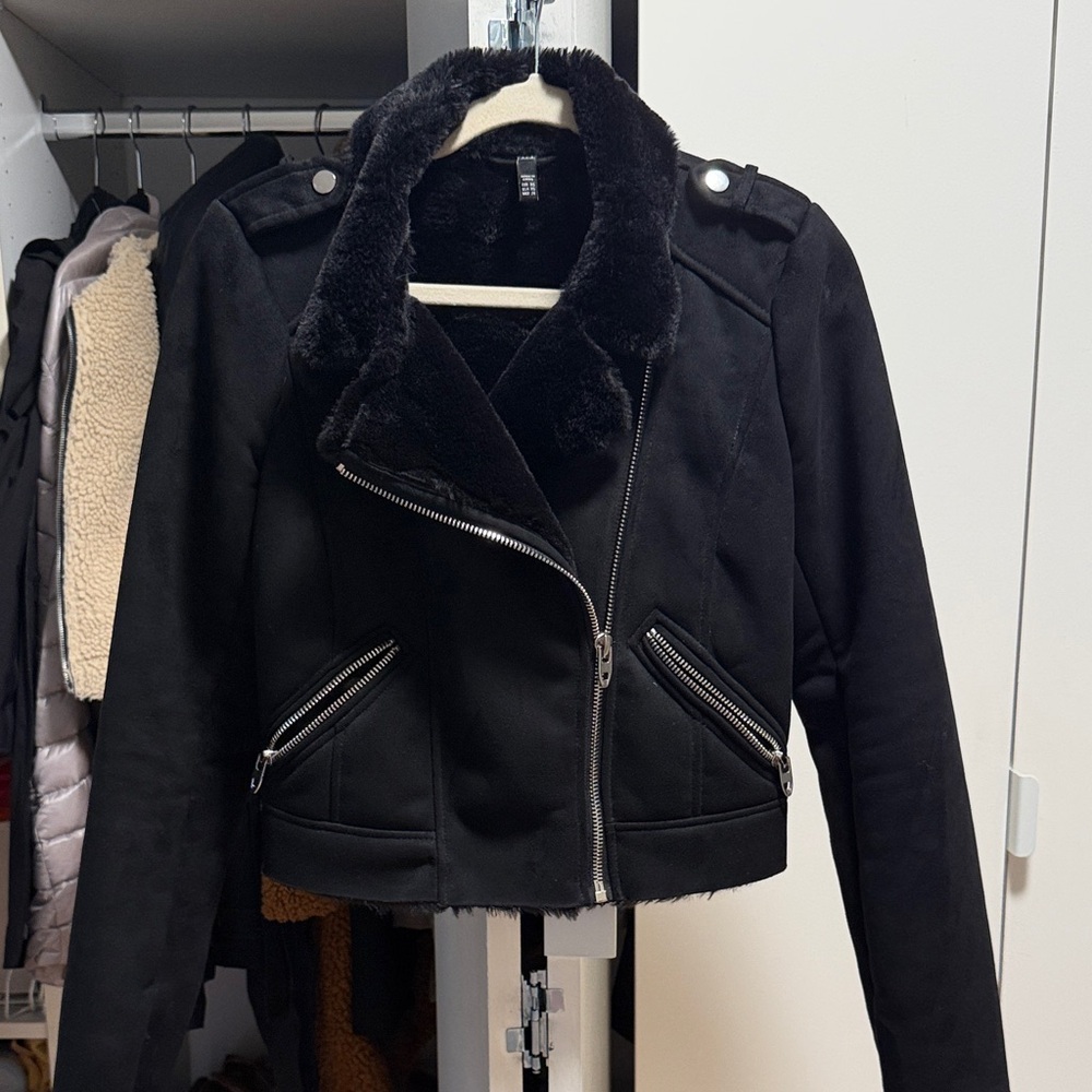 Black Women’s Faux Shearling Biker Jacket - Unbranded